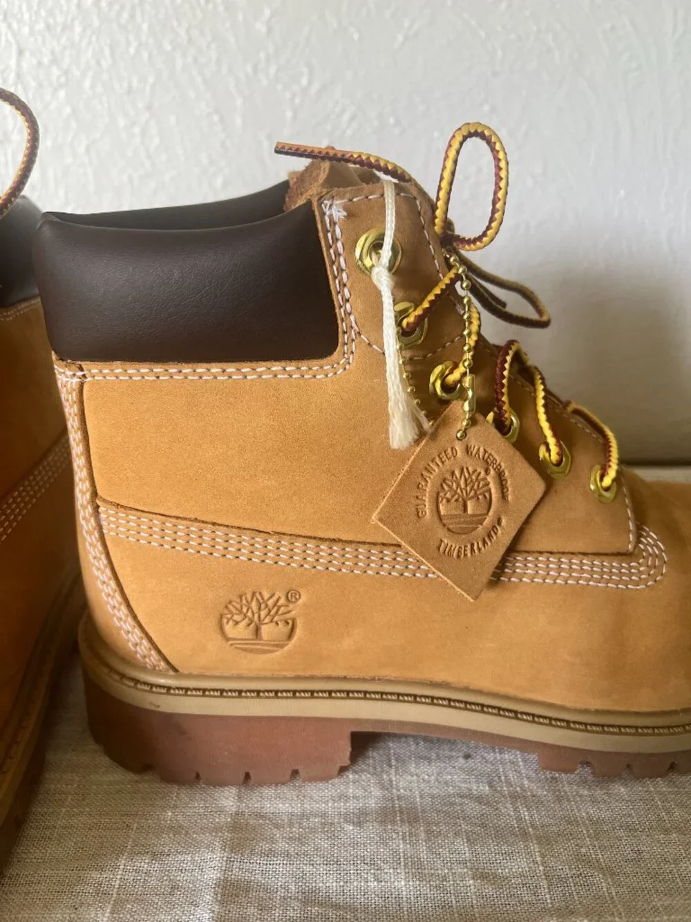 Timberland 6-Inch Premium Waterproof Boots in Wheat Nubuck color, boys size 3.